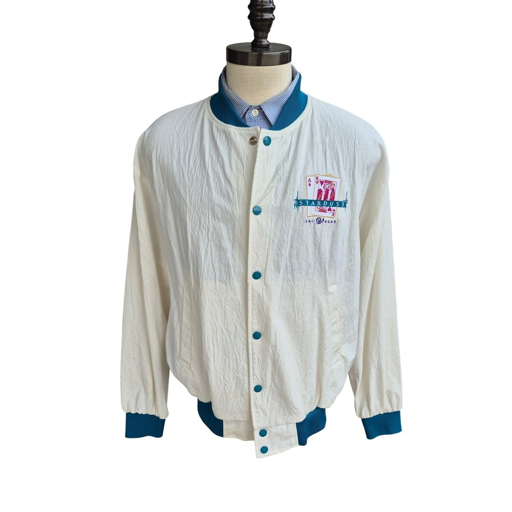 Vintage Stardust Las Vegas Casino Bomber Jacket Cream Teal Embroidered Mens Sz L